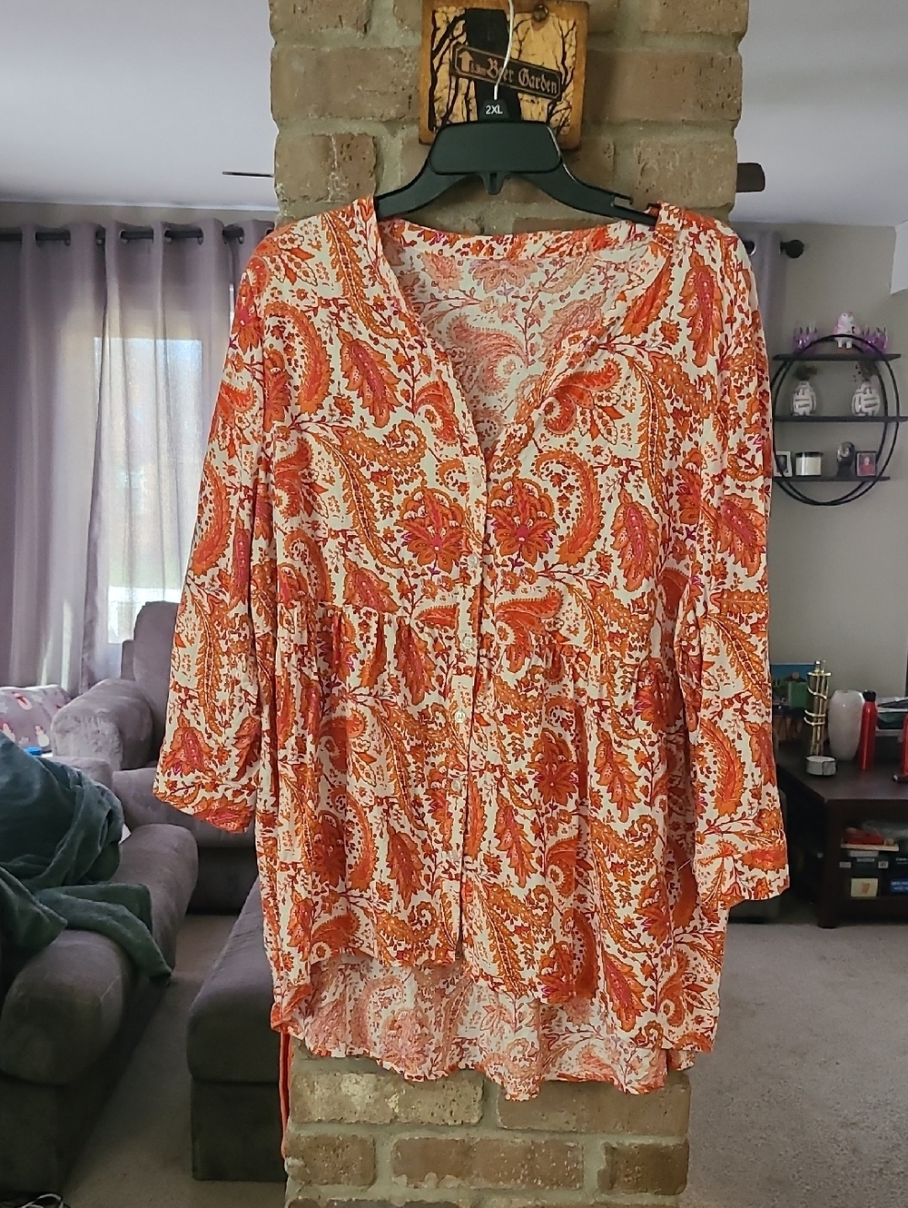 Women's Orange Paisley Button-Front Peasant Top